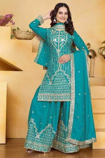 Teal sequins embroidered natural crepe stitched salwar kameez