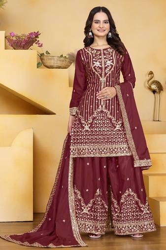 Maroon sequins embroidered natural crepe stitched salwar kameez
