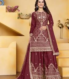 Maroon sequins embroidered natural crepe stitched salwar kameez