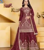 Maroon sequins embroidered natural crepe stitched salwar kameez