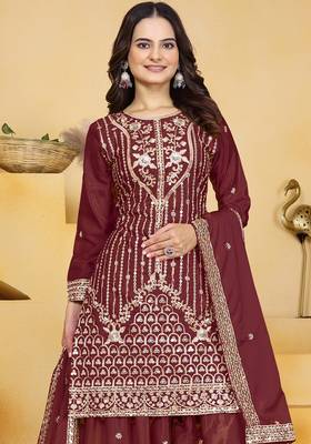 Maroon sequins embroidered natural crepe stitched salwar kameez 2