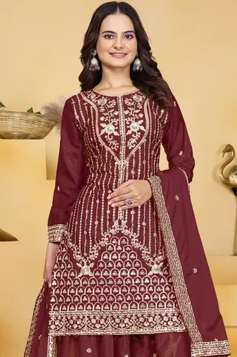 Maroon sequins embroidered natural crepe stitched salwar kameez