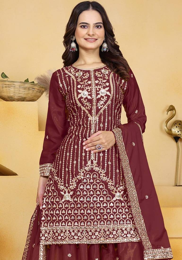 Maroon sequins embroidered natural crepe stitched salwar kameez