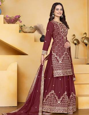 Maroon sequins embroidered natural crepe stitched salwar kameez 3