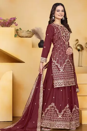 Maroon sequins embroidered natural crepe stitched salwar kameez