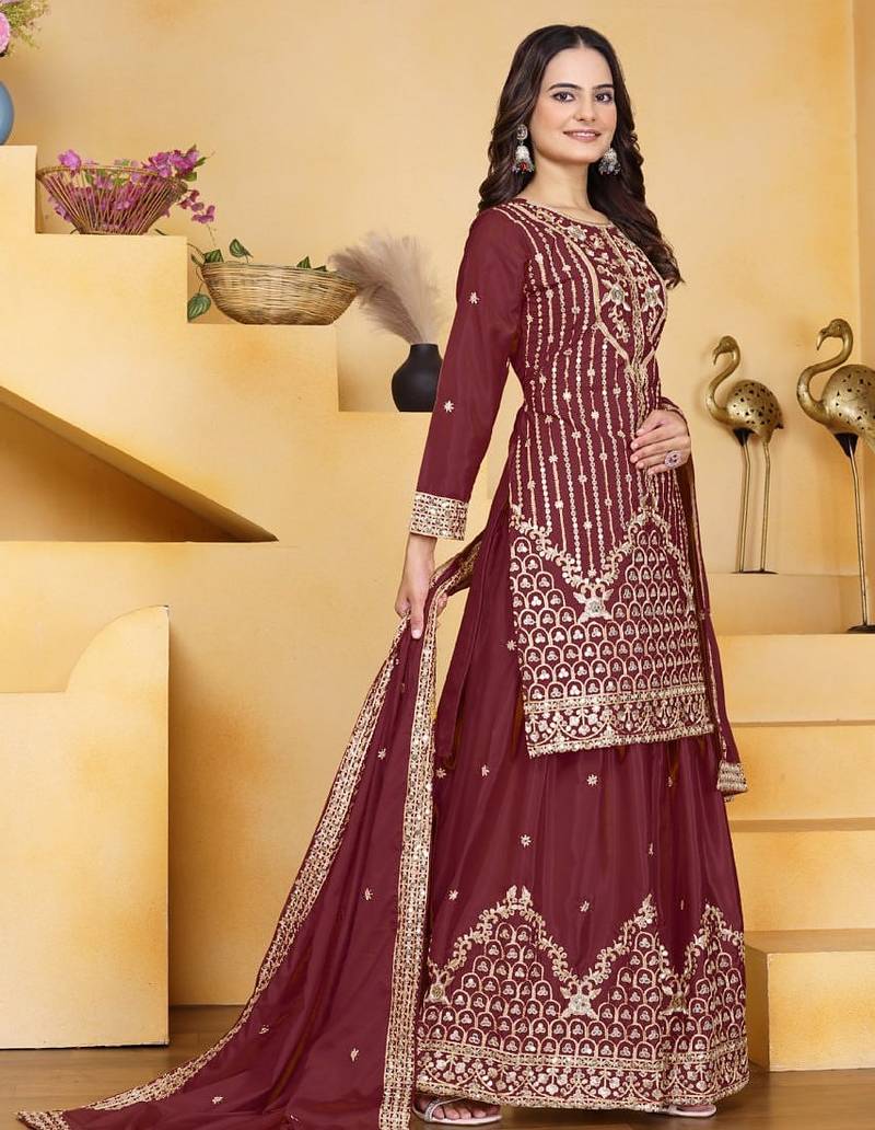 Maroon sequins embroidered natural crepe stitched salwar kameez