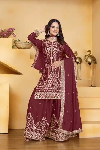 Maroon sequins embroidered natural crepe stitched salwar kameez