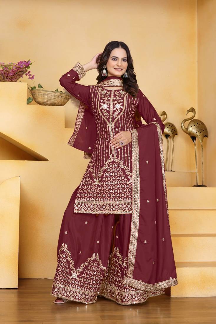 Maroon sequins embroidered natural crepe stitched salwar kameez