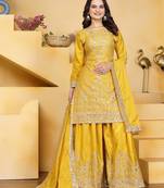 Yellow sequins embroidered natural crepe stitched salwar kameez