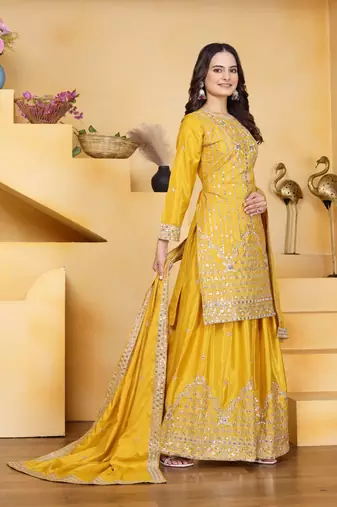 Yellow sequins embroidered natural crepe stitched salwar kameez
