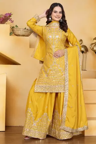 Yellow sequins embroidered natural crepe stitched salwar kameez