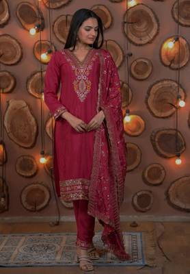 Rani-pink sequins embroidered chinon stitched salwar kameez 1