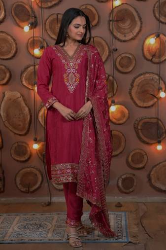 Rani-pink sequins embroidered chinon stitched salwar kameez