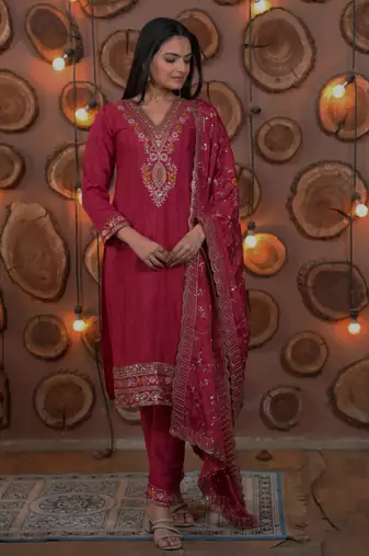 Rani-pink sequins embroidered chinon stitched salwar kameez