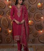 Rani-pink sequins embroidered chinon stitched salwar kameez