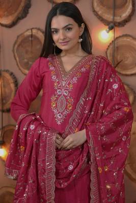 Rani-pink sequins embroidered chinon stitched salwar kameez 2