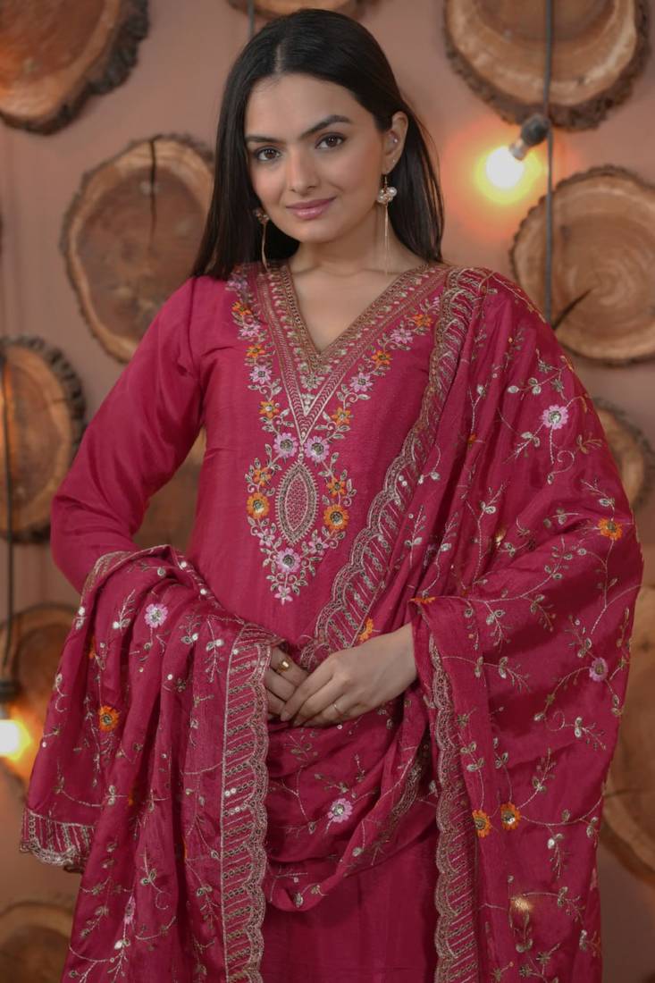 Rani-pink sequins embroidered chinon stitched salwar kameez