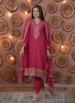 Rani-pink sequins embroidered chinon stitched salwar kameez 3