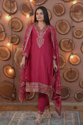 Rani-pink sequins embroidered chinon stitched salwar kameez