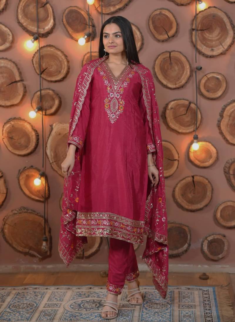 Rani-pink sequins embroidered chinon stitched salwar kameez