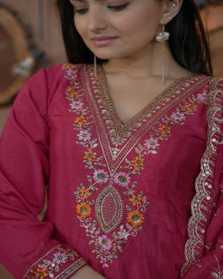 Rani-pink sequins embroidered chinon stitched salwar kameez 4
