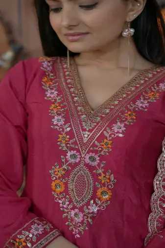 Rani-pink sequins embroidered chinon stitched salwar kameez