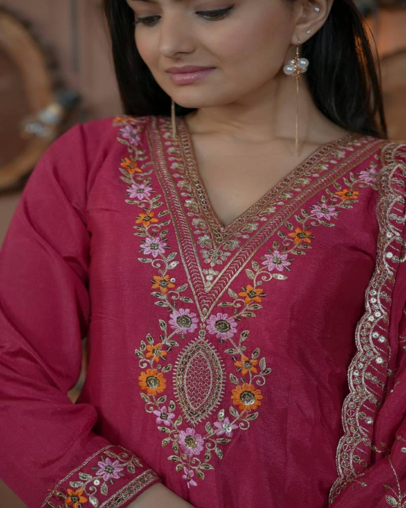 Rani-pink sequins embroidered chinon stitched salwar kameez