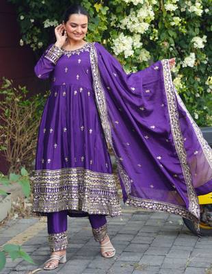 Purple sequins embroidered chinon stitched salwar kameez 1