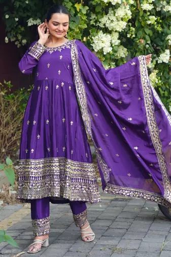 Purple sequins embroidered chinon stitched salwar kameez