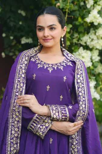 Purple sequins embroidered chinon stitched salwar kameez