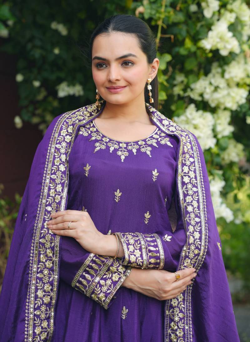 Purple sequins embroidered chinon stitched salwar kameez