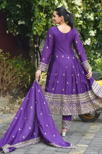 Purple sequins embroidered chinon stitched salwar kameez