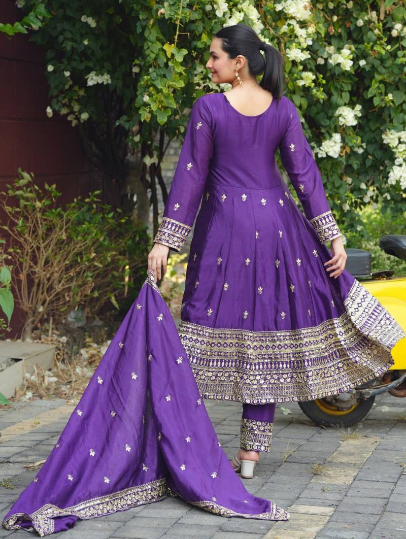Purple sequins embroidered chinon stitched salwar kameez