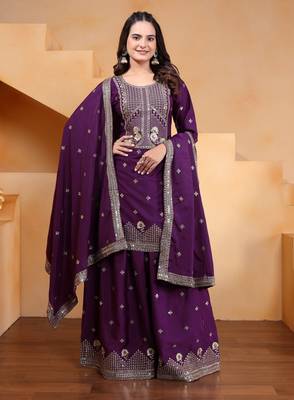 Wine sequins embroidered natural crepe stitched salwar kameez 1