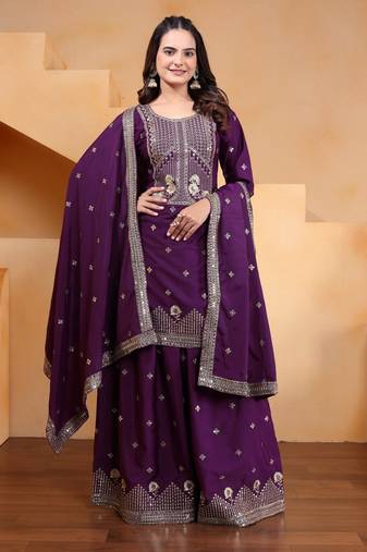 Wine sequins embroidered natural crepe stitched salwar kameez