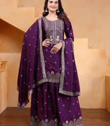 Wine sequins embroidered natural crepe stitched salwar kameez