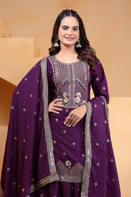 Wine sequins embroidered natural crepe stitched salwar kameez 2