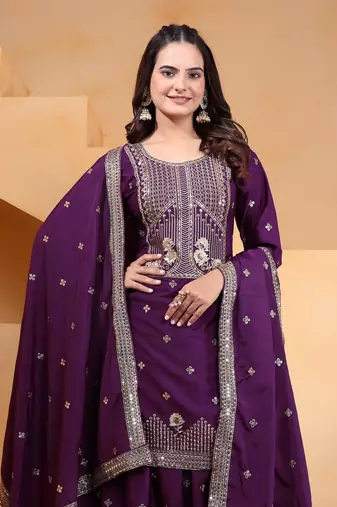 Wine sequins embroidered natural crepe stitched salwar kameez