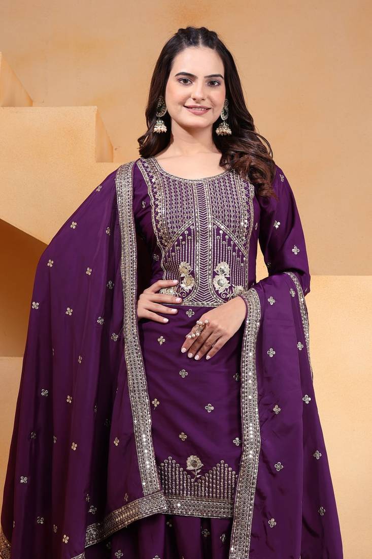 Wine sequins embroidered natural crepe stitched salwar kameez