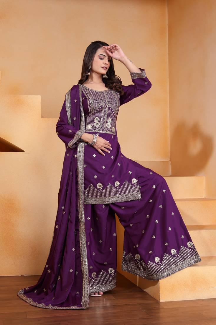 Wine sequins embroidered natural crepe stitched salwar kameez