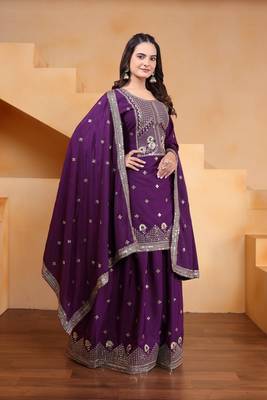 Wine sequins embroidered natural crepe stitched salwar kameez 4