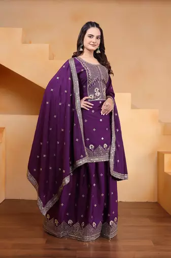 Wine sequins embroidered natural crepe stitched salwar kameez