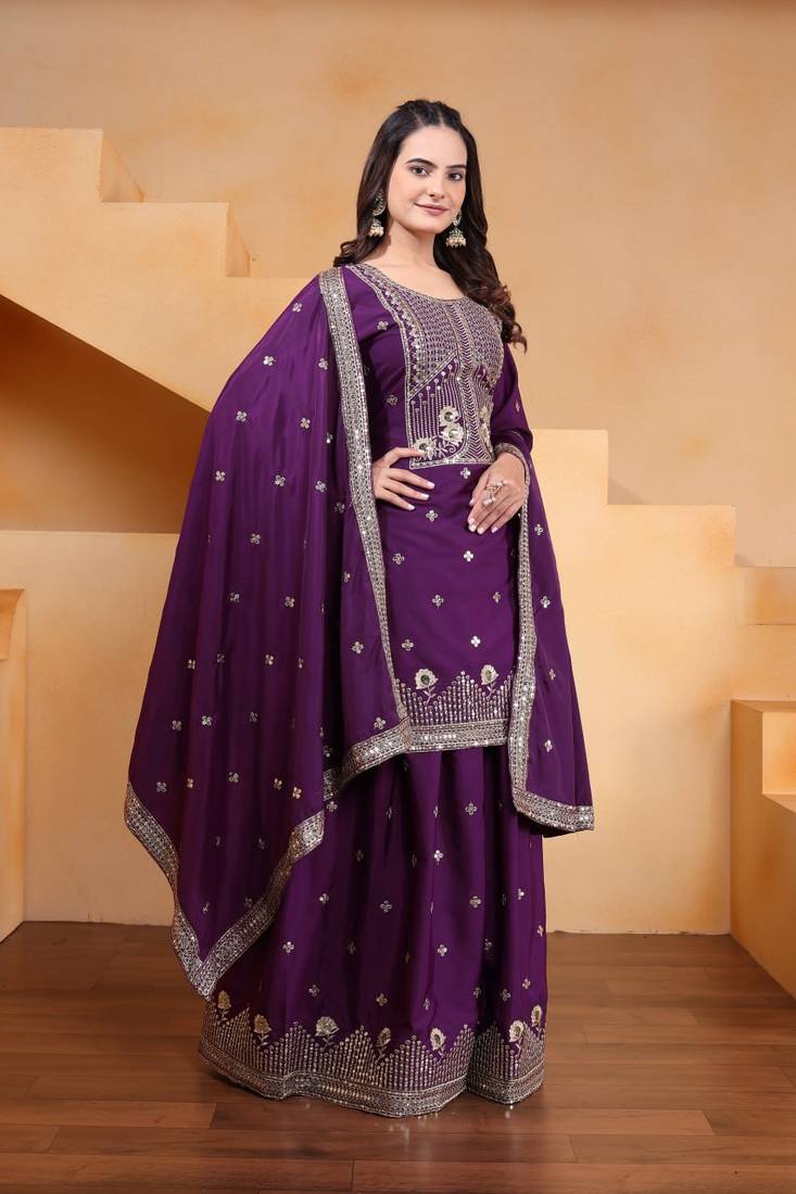 Wine sequins embroidered natural crepe stitched salwar kameez