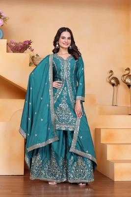 Teal sequins embroidered natural crepe stitched salwar kameez 1