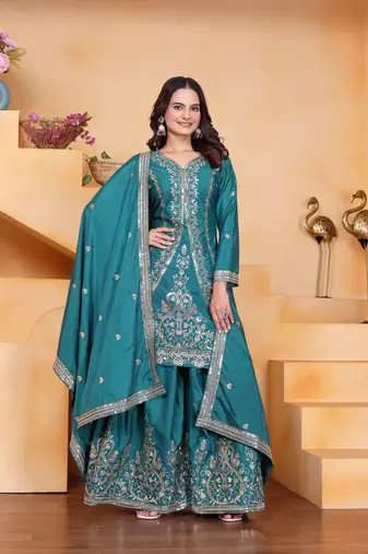 Teal sequins embroidered natural crepe stitched salwar kameez