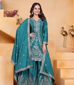 Teal sequins embroidered natural crepe stitched salwar kameez