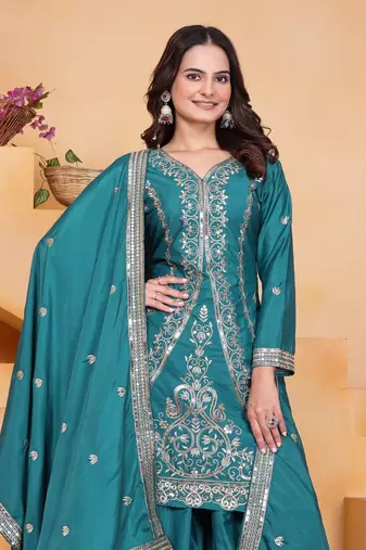Teal sequins embroidered natural crepe stitched salwar kameez