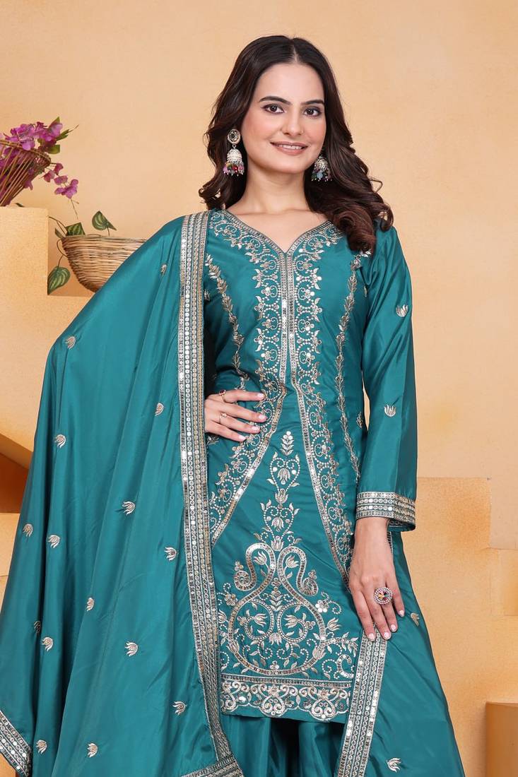 Teal sequins embroidered natural crepe stitched salwar kameez