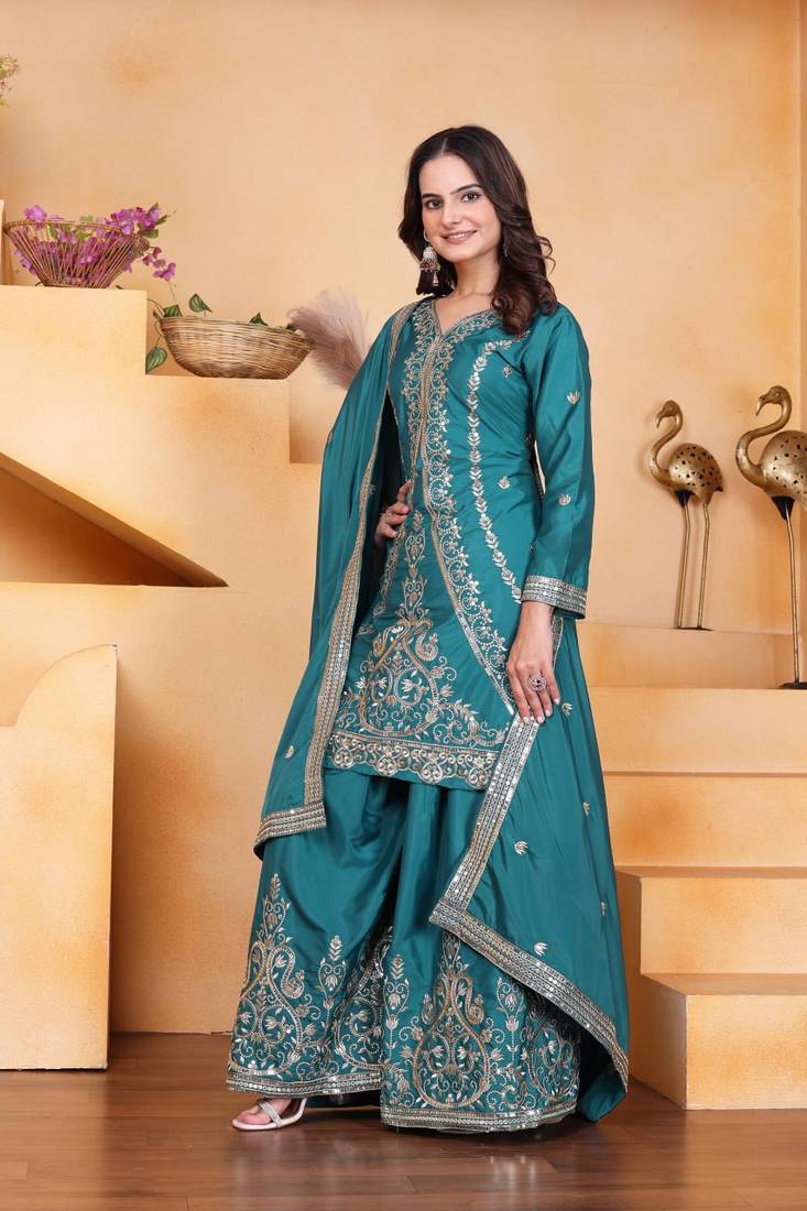 Teal sequins embroidered natural crepe stitched salwar kameez