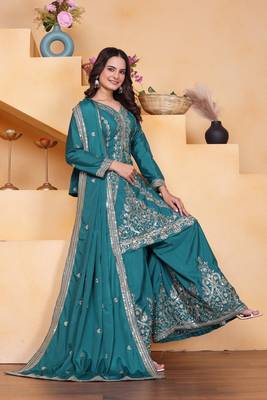 Teal sequins embroidered natural crepe stitched salwar kameez 4